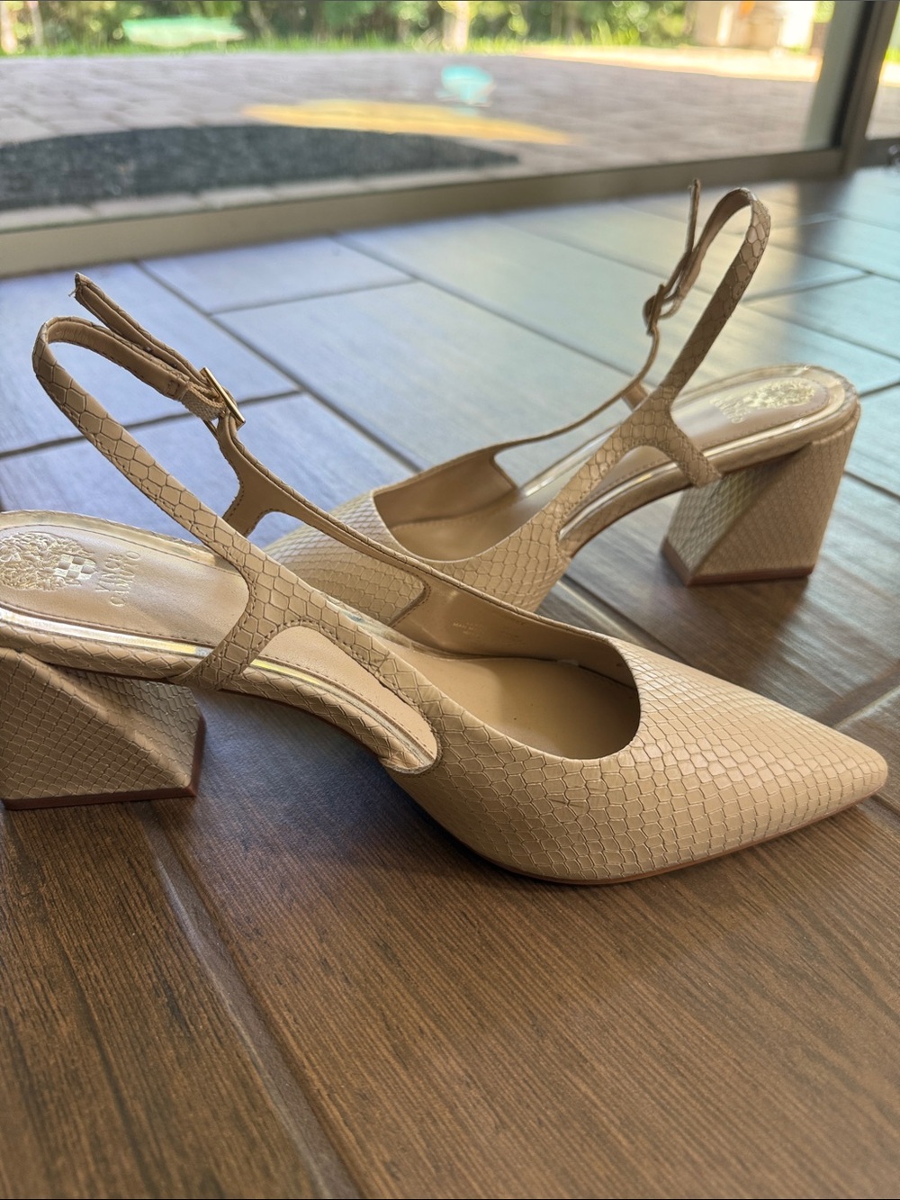Slingback Block Heel Pumps in Beige Snakeskin Texture Pointed Toe